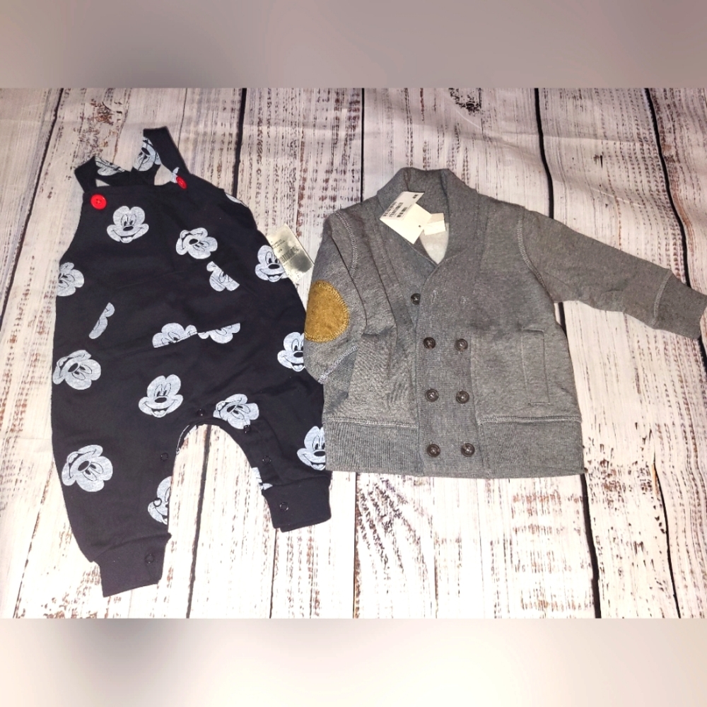 H&M sweater and Disney overalls